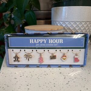 Happy Hour 6pc Christmas Wine Charm Set‎ Gold & Pink Tone Drink Markers NEW